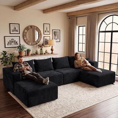 Modular Sectional Sofa, Boneless Compressed Sofa in a Box, U-Shaped Cloud Couch with Deep Seats & Chaise for Living Room, No Assembly Required (Black, 118" U-Shape with Right Facing Chiase)