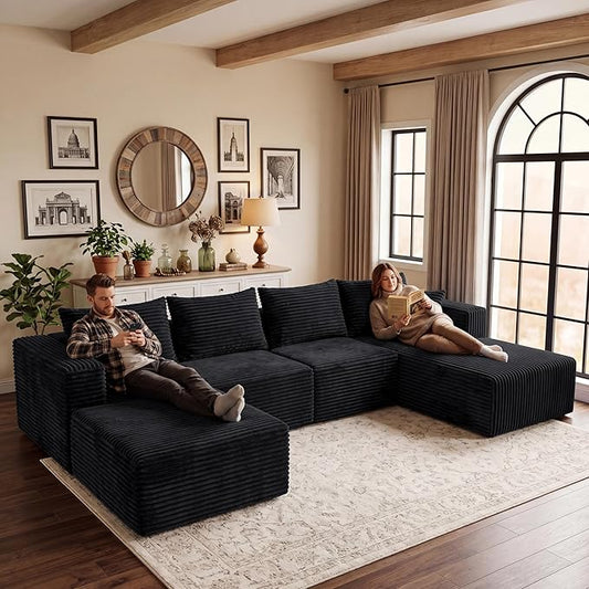 Modular Sectional Sofa, Boneless Compressed Sofa in a Box, U-Shaped Cloud Couch with Deep Seats & Chaise for Living Room, No Assembly Required (Black, 118" U-Shape with Right Facing Chiase)
