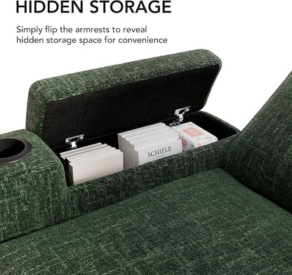 Sunny Heart L-Shaped Sleeper Sofa with Pull Out Bed, 82" Sectional Couch with Reclining Backrest, Reversible Storage Chaise, Armrest Storage, Cup Holders, and Side Pockets, Tool-Free Assembly, Green