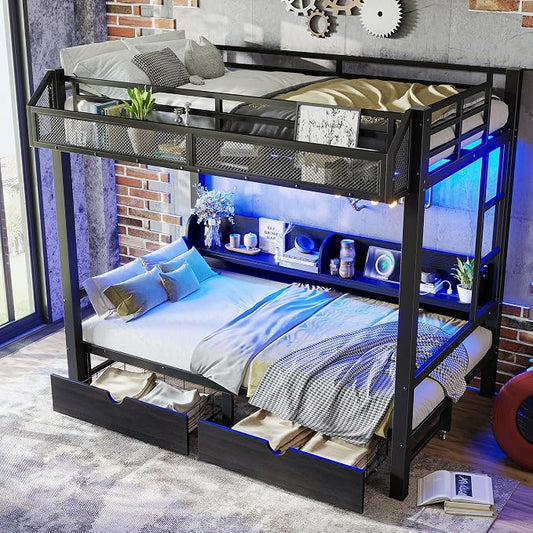 Ball & Cast Twin Over Twin Metal Bunk Bed with Storage, Black | Shelves, Drawers, USB Ports, LED Lights, Converts to Sofa for Kids, Guardrails and Ladders, No Box Spring Required, Teens