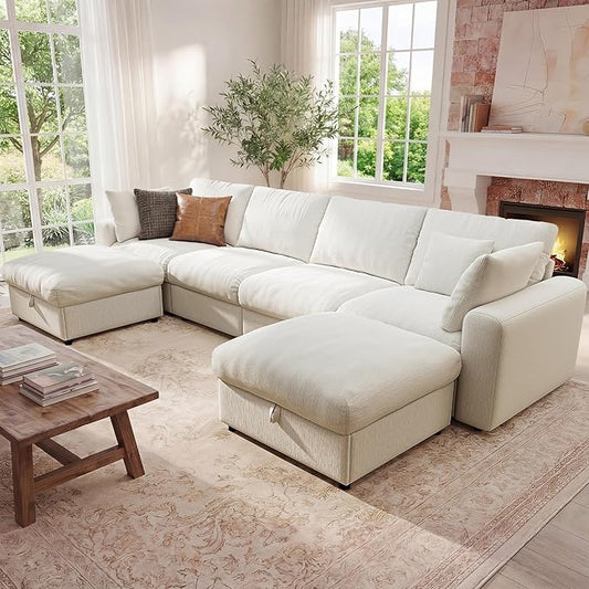 Ihanherry 141" Oversized Cloud Sectional Couches for Living Room, Modular Sectional Sofa with Wide Deep Seat, U Shaped Couch with Throw Pillow and Storage Ottoman, Beige
