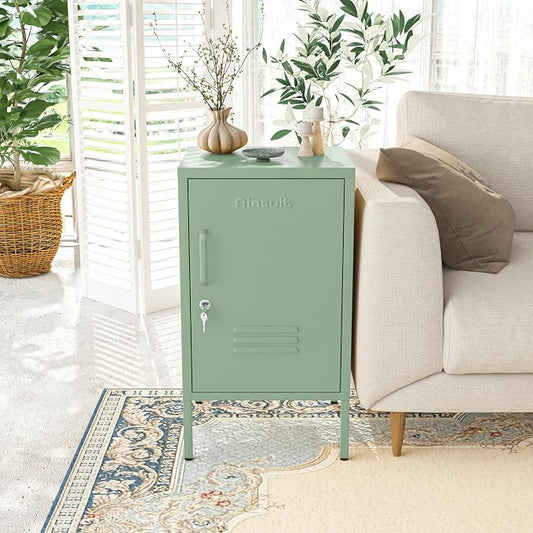 Single Door Lockable Metal End Table & Children's Bedside Table, 2-Tier Storage Cabinet with Adjustable Shelf, Easy Assembly Side Table for Living Room Bedroom Home Office Green