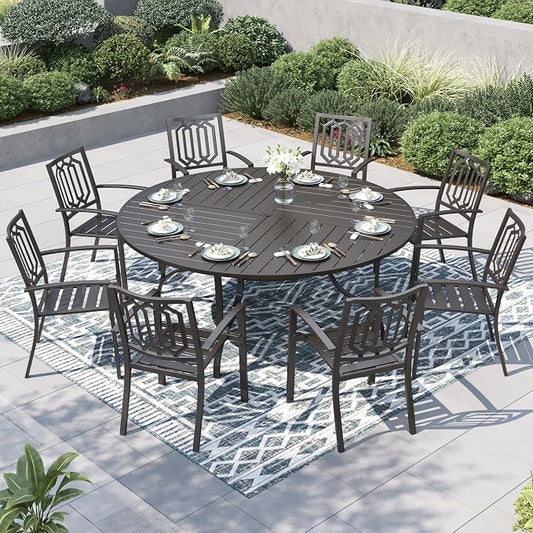 PHI VILLA 9 Pieces Outdoor Dining Set for 8, 67" Black Round Metal Table with Umbrella Hole & Stackable Wrought Iron Chairs, Large Outside Furniture Set for Patio, Deck, Yard, Porch