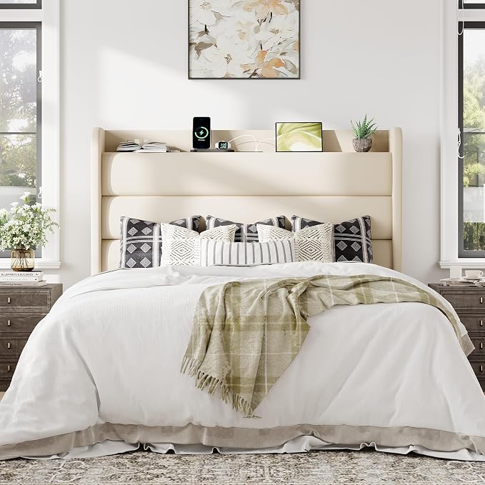 Allewie Queen Size Upholstered Bed Frame with Charging Station & Storage Headboard, Soft Velvet Wingback Platform Bed, Strong Wooden Slats Support, No Box Spring Needed, Easy Assembly, Cream