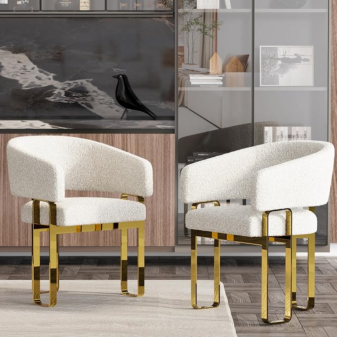 Dining Chairs Set of 6, White and Gold Barrel Boucle Dining Chairs with Arms and U-Shaped Mirrored Gold Legs, Contemporary Side Chairs for Dining Table, Kitchen and Dining Room Restaurant