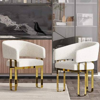 Boucle Dining Chairs Set of 4, White Barrel Dining Chairs with Arms and U-Shaped Mirrored Gold Legs, Modern Side Chairs for Dining Table, Kitchen and Dining Room Restaurant Recepition