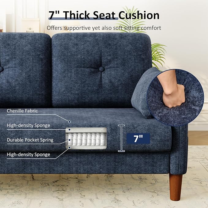 Vipbear 48" Loveseat Sofa,Modern Small Couches for Small Spaces,Blue Chenille Love Seat Couch for Living Room,Bedroom,Apartment,Office,Deep Seat,Throw Pillow,Side Pockets,Curved Armrest