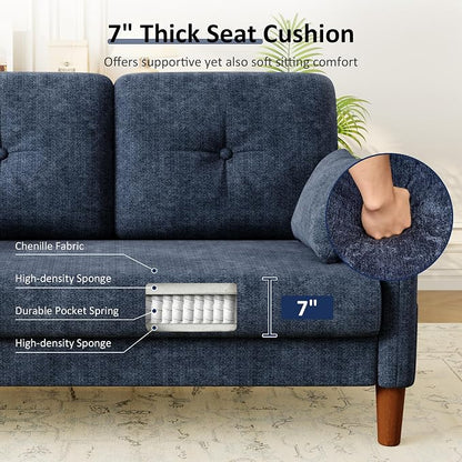 Vipbear 48" Loveseat Sofa,Modern Small Couches for Small Spaces,Blue Chenille Love Seat Couch for Living Room,Bedroom,Apartment,Office,Deep Seat,Throw Pillow,Side Pockets,Curved Armrest