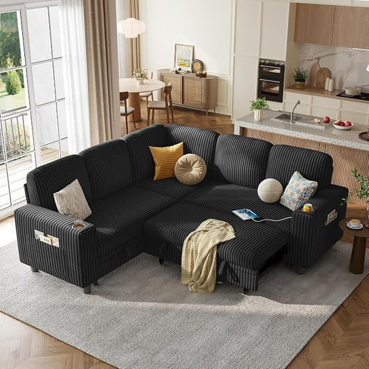 LINSY HOME Sectional Sleeper Sofa Pull Out Couches for Living Room (Black, Sleeper Sofa 2) | Pull Out Sofa Bed, Storage, USB Charging, Cup Holders, Plush Corduroy