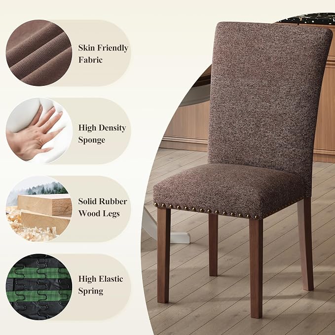 COLAMY Upholstered Parsons Dining Chairs Set of 4, Fabric Dining Room Kitchen Side Chair with Nailhead Trim and Wood Legs - Brown