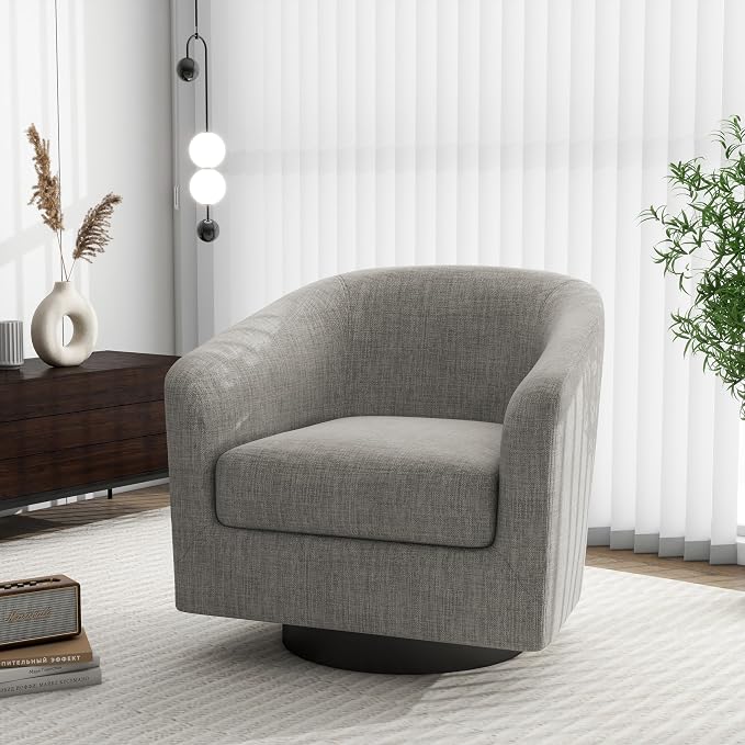 Swivel Barrel Accent Chair, Modern Round Linen Arm Chair for Living Room, Bedroom, Comfy Club Reading Chairs for Adults（Linen Fabric, Khaki, Set of 2