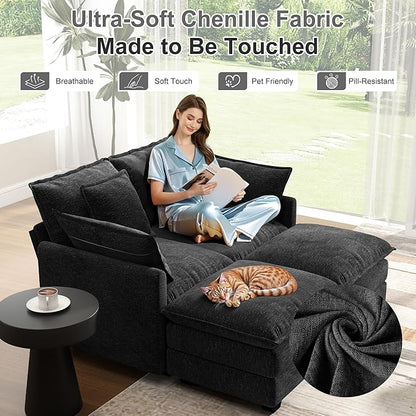 58" Cloud Couch Loveseat, Deep Seat Modular Sectional Sofa with 4 Removable Washable Pillows and 2 Ottoman for Living Room, Bedroom, Apartment, Black