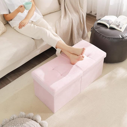 Storage Ottoman Bench Foldable Seat Footrest Shoe Bench End of Bed Storage with Flipping Lid, 75L Storage Space, 30 inches Velvet Pink
