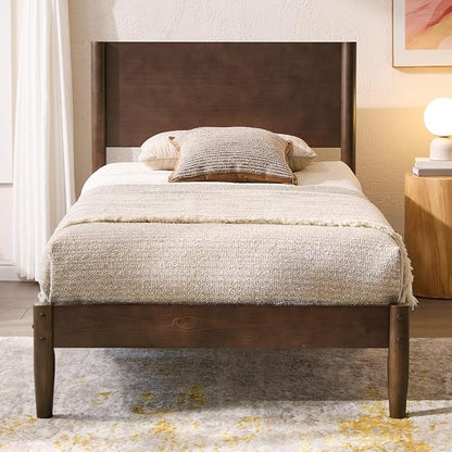 AMERLIFE Solid Wood Twin Bed Frame, Mid Century Modern Platform Bed with Full Panel Headboard, Noise-Free & Cylindrical Legs, No Box Spring Needed, Under-Bed Storage, Dark Walnut