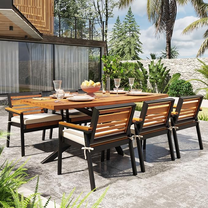 Quarte Stylish 7-Piece Acacia Wood and Iron Dining Set with Removable Cushions – Perfect for Indoor and Outdoor Family Gatherings (Beige/m+w)