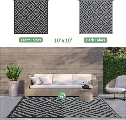 GENIMO Outdoor Rug Waterproof, 10' x 10' Reversible Plastic Straw Rug, Lightweight Large RV Camping Mat for Patio, Deck, Camper, Balcony, Backyard, Picnic, Black & Gray