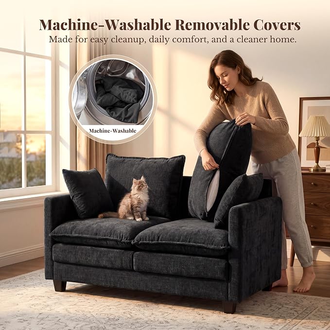 Loveseat Sofa with Cloud 3-Layer Cushion & 27" Deep Seat, Modern Small Couch with 2 Washable Pillows for Small Spaces, Bedroom, Apartment, Office, Living Room, in a Box, 50-Inch Black