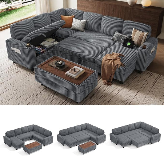 LINSY HOME Sectional Sleeper Sofa with Pull Out Couch Bed for Living Room (Grey) | Plush Corduroy