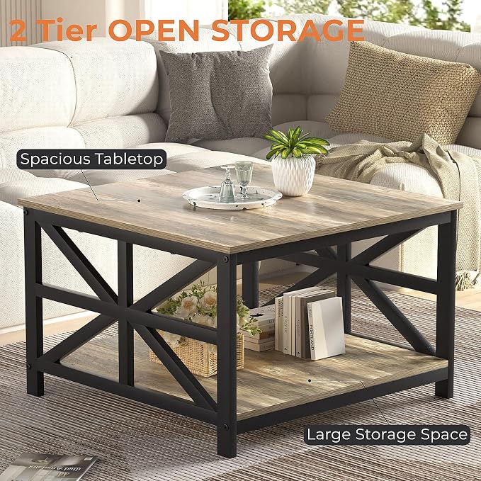 GreenForest Living Room Coffee Table with 2 Tier Storage | X Metal Frame Square Center Table with Seamless One-Piece Tabletop,27.55 inch Sofa Table,Scratch-resistant,Gray Wash