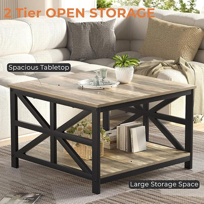 GreenForest Living Room Coffee Table with 2 Tier Storage | X Metal Frame Square Center Table with Seamless One-Piece Tabletop,27.55 inch Sofa Table,Scratch-resistant,Gray Wash