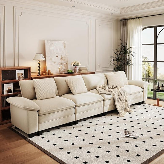 PHI VILLA Cloud Modular Couches Sets, 157.5" Sectional Sofa with Upholstered Deep Seat, 4-Seater Long Couches for Living Room Apartment, Chenille Fabric, Beige