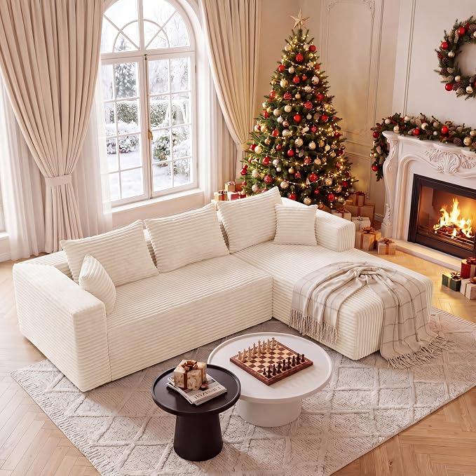 92.5" Cloud Sectional Boneless Couches for Living Room, Modular L Shaped Couch with Deep Seat Oversized Right Facing Chaise, Memory Foam Compressed Spineless 3 Seater Sofa for Apartment