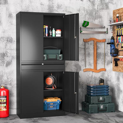 Metal Storage Cabinet with Drawer, Garage Storage Cabinet with Locking Doors and Adjustable Shelves,Tool Steel Cabinet for Garage, Home Office,Warehouse (Black)