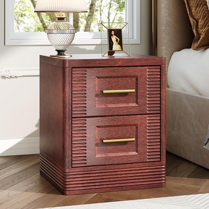RECHHX Small Dresser for Bedroom, Farmhouse Nightstand with 2 Drawer for Narrow Spaces, Thermoformed Curved End Table for Bedroom, Living Room, Walnut Cherry