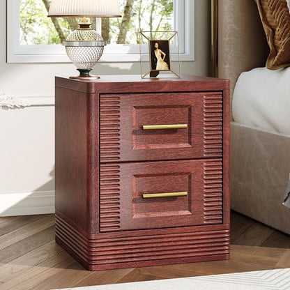 RECHHX Small Dresser for Bedroom, Farmhouse Nightstand with 2 Drawer for Narrow Spaces, Thermoformed Curved End Table for Bedroom, Living Room, Walnut Cherry