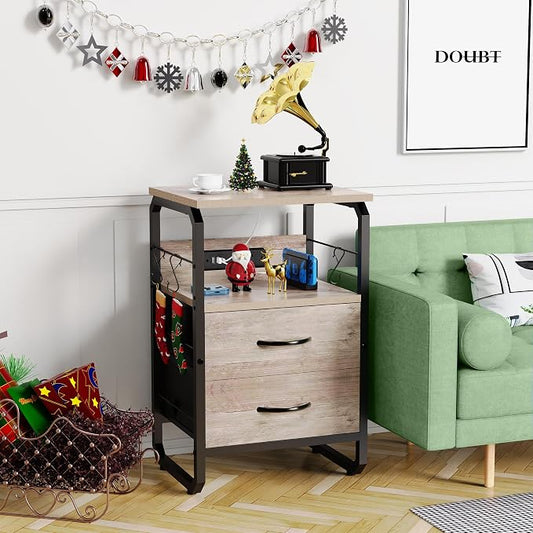 runjuly Nightstand with Drawers, Storage Night Stand with Charging Station Type C Port, Small Side Table with Hooks, Wood Metal End Table for Living Room, Bedroom, Dorm, Greige