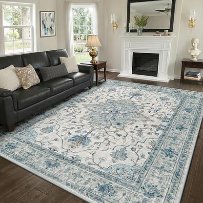 RELEANY Area Rugs 8'x10' Washable Non-Slip, Floral Vintage Distress Medallion Carpet for Living Room Bedroom Dining Room, Light Blue Navy Gray White