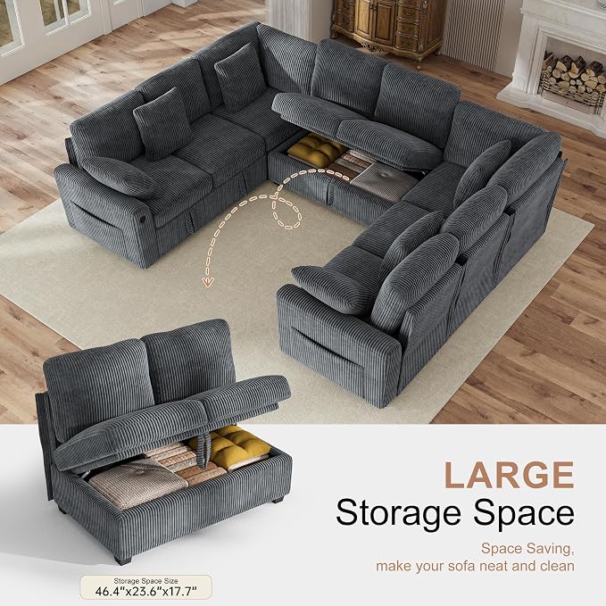 Hanherry Sectional Sofa with Pull Out Couch Bed,8 Seat Corduroy Sleeper Sofa with 2 Seat Storage & USB Charging,Comfy Modular Couches for Living Room,Apartment