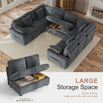 Hanherry Sectional Sofa with Pull Out Couch Bed,8 Seat Corduroy Sleeper Sofa with 2 Seat Storage & USB Charging,Comfy Modular Couches for Living Room,Apartment