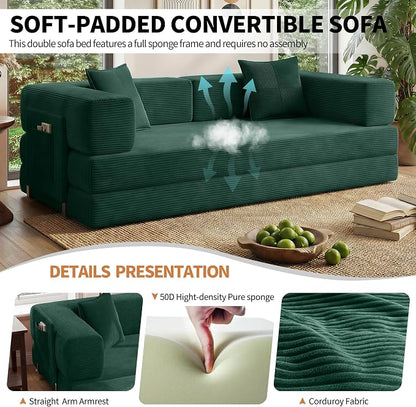 78.8" Convertible Sofa Bed with Armrest Pillow, 4-in-1 Sleeper Couch Bed for Livingroom, Modular Corduroy Boneless couches, No Assembly (Forest Green)