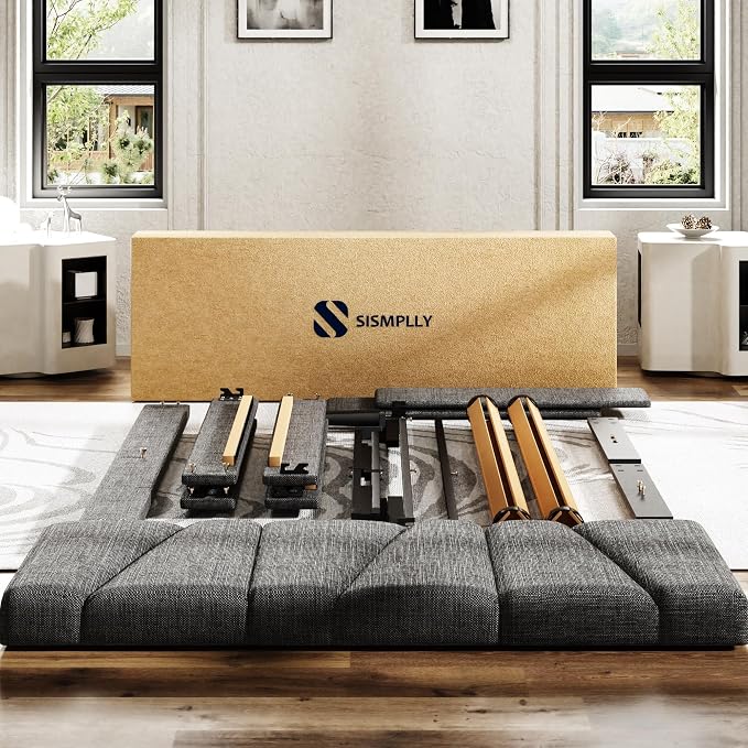 Sismplly Queen Size Platform Bed Frame with Modern Upholstered Headboard, Wooden Slats Support, Noise Free, No Box Spring Needed, Easy Assembly, Dark Grey, Linen