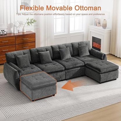 112" U Shaped Modular Sectional Cloud Sofa with 2 Ottomans, Oversized Deep Seat Tufted Chenille 6-Seater Couch with Curved Arms, Upholstered Sofas for Living Room, Dark Grey