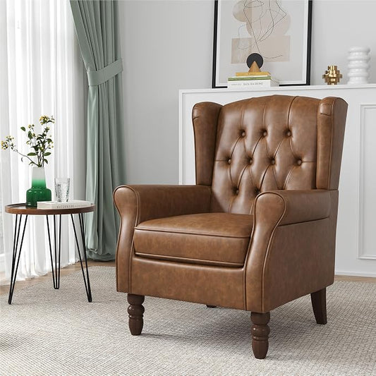 High Back Accent Chair, Faux Leather High Wingback Chair for Living Room, Button-Tufted Upholstered Armchair with Solid Wood Legs, Comfy Single Sofa Reading Chair for Bedroom, Brown