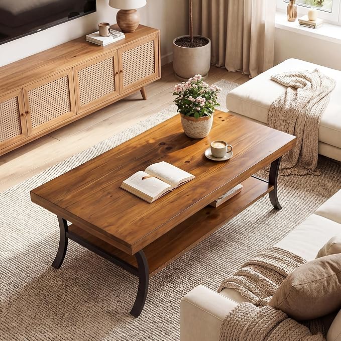 Solid Wood Coffee Table, 2-Tier Farmhouse Wood Coffee Table with Storage Shelf and Curved Metal Legs, 47" Center Table Industrial Rustic Living Room Tea Table
