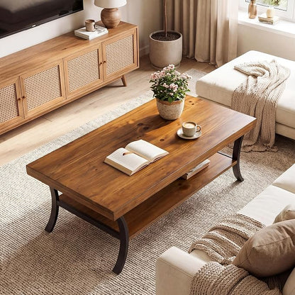 Solid Wood Coffee Table, 2-Tier Farmhouse Wood Coffee Table with Storage Shelf and Curved Metal Legs, 47" Center Table Industrial Rustic Living Room Tea Table