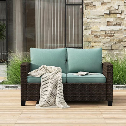 HERA'S HOUSE Outdoor Loveseat Patio Sofa, 2-Seat Wicker Couch with 4" Waterproof Thick Cushions, Deep Seating Furniture for Garden Porch Backyard, Blue