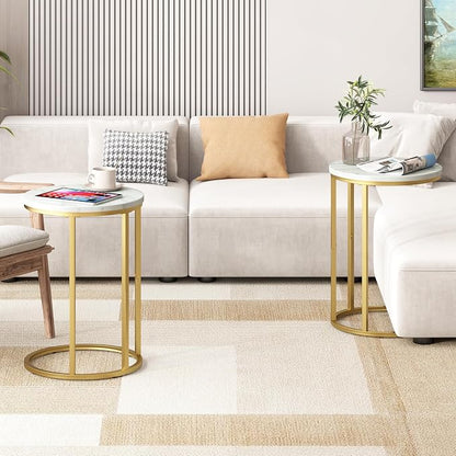 Function Home C Table End Table, Marble C Shaped Sofa Side Table, Couch Tables that Slide Under, Snack Accent Table for Living Room Bedroom Small Space, Marble Top and Gold Metal Frame