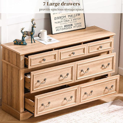 ENOUSHUFarmhouse Dresser and Nightstand Sets, 7 Drawer Dresser & 3 Drawer Nightstand Sets, 2 Pieces Rustic Wood Bedroom Furniture Set for Home, Bedroom, Hallway（Natural）