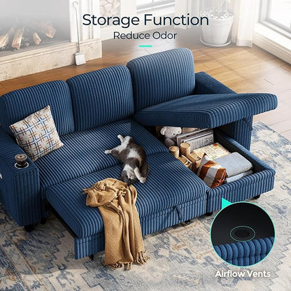 LINSY HOME Sectional Sleeper Sofa with Pull Out Couch Bed Convertible Plush Corduroy Cloud Couch with Storage Chaise & USB Charging, Comfy L Shaped Modular Couches for Living Room Apartment (Blue)