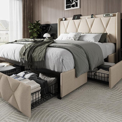 Einhomn Queen Bed Frame with 4 Storage Drawers and Charging Station, Upholstered Platform Bed Frame with Storage Headboard, No Box Spring Needed, Easy Assembly, Beige