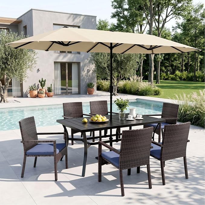 Sophia & William Patio Outdoor Table and Chairs Set with Umbrella Beige, Patio Dining Sets for 6, 7 Pieces Patio Table Set for Backyard Deck Porch Outside, Metal Table with Cushioned Rattan Chairs