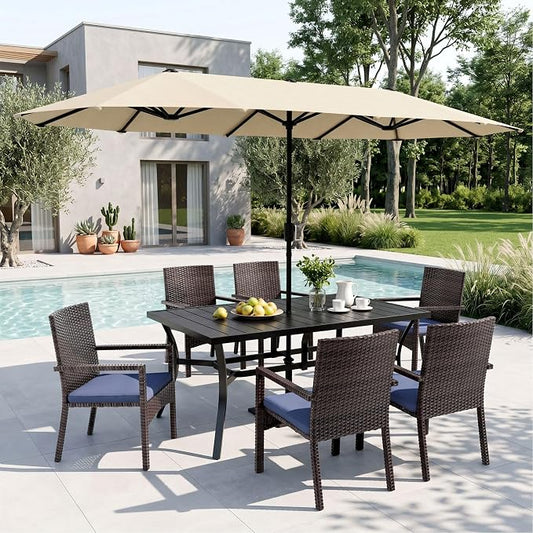 Sophia & William Patio Outdoor Table and Chairs Set with Umbrella Beige, Patio Dining Sets for 6, 7 Pieces Patio Table Set for Backyard Deck Porch Outside, Metal Table with Cushioned Rattan Chairs