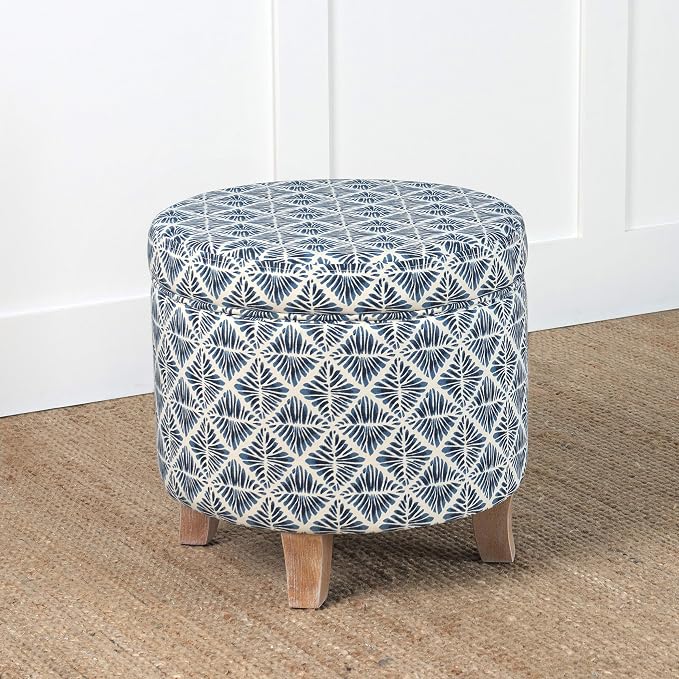 Homepop Home Decor | Upholstered Round Storage Ottoman | Ottoman with Storage for Living Room & Bedroom with Flared Legs, Navy Blue Geometric Pattern Large