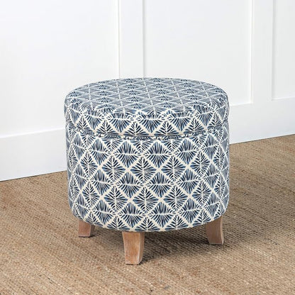 Homepop Home Decor | Upholstered Round Storage Ottoman | Ottoman with Storage for Living Room & Bedroom with Flared Legs, Navy Blue Geometric Pattern Large
