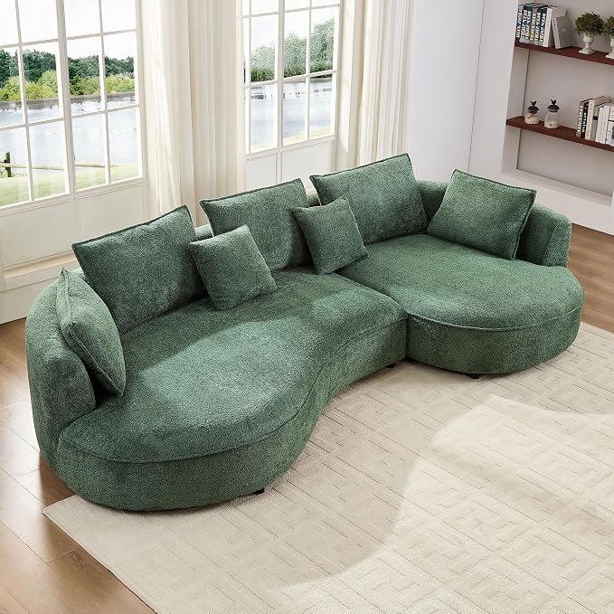 KEIKI 125" Luxury Curved Boucle Sectional Sofa with Right Chaise, Upholstered Modern Style Oversized 5-Seater Couch with Thickened Seat Cushions, Easy Assembly, for Apartment, Living Room, Green