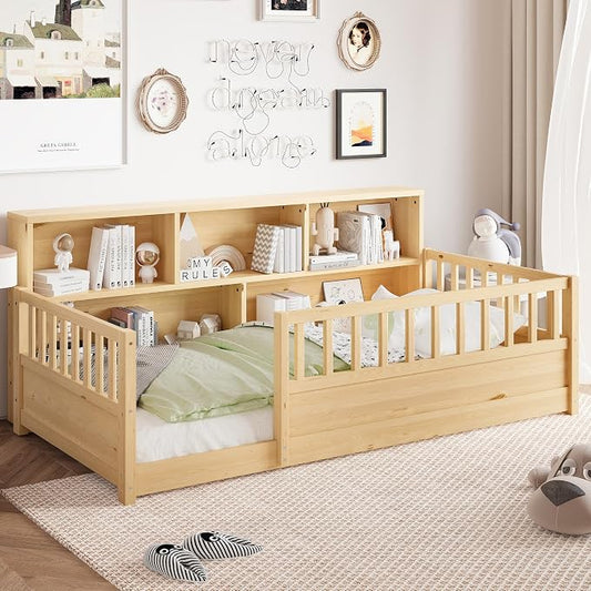 Bellemave Twin Size Montessori Floor Bed with Bookcase, Twin Floor Bed with High Fence and Storage Shelves, Easy Assemble Montessori Beds Frame for Girls, Boys, Natural